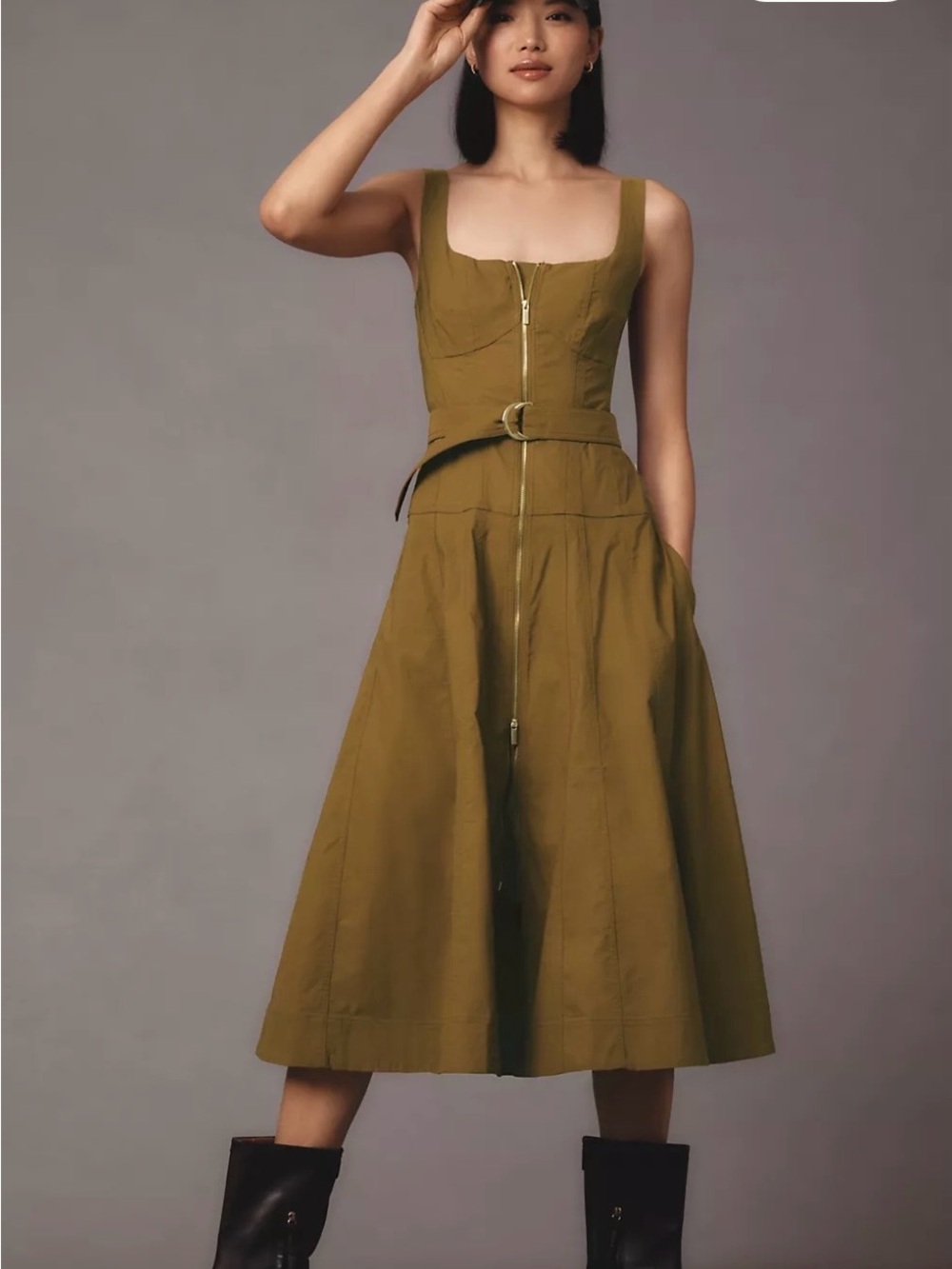 Anthropologie Olive Midi Dress with Front Zip and Belt